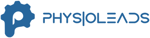 PhysioLeads logo, blue gear P icon beside PhysioLeads wordmark